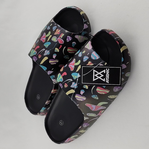 Arsenic Slide Sandals  Mushroom Print Black Size 11 - Picture 2 of 12